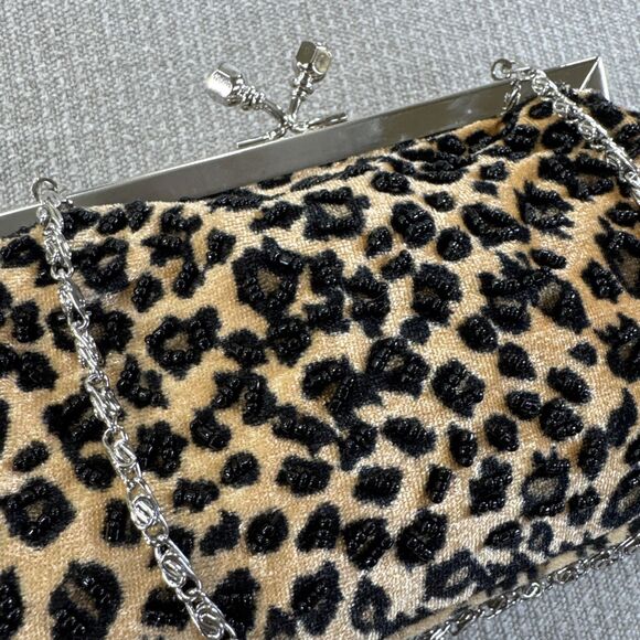 Vintage 90s Leopard Velvet Beaded Purse Chain Strap Evening Handbag Party Clutch - Picture 2 of 9